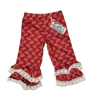 Sado red floral white ruffle bell bottom flare leg pant leggings 100% cotton 12m
